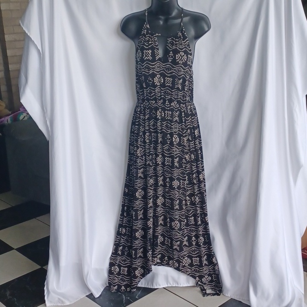 Lucky Brand Tribal Print Keyhole Halter Maxi Dress, Assymetrical, 16" PTP 57" L